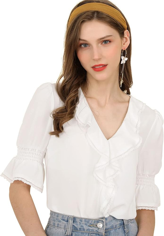 Allegra K Women's Vintage Ruffle V Neck Puff Sleeve Blouse Summer Casual Chiffon Tops | Amazon (US)