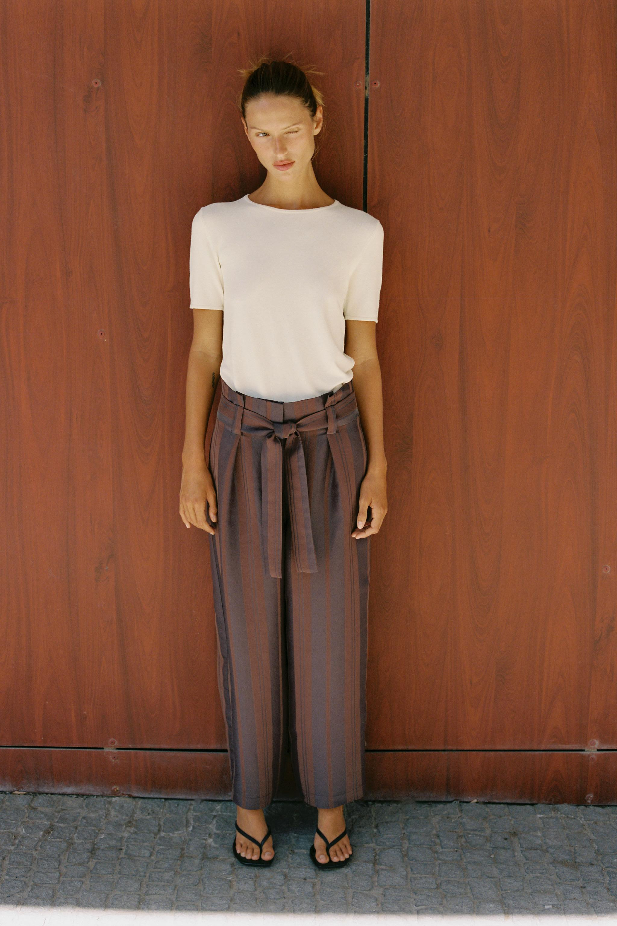 STRIPED BELTED PAPERBAG TROUSERS | Zara US
