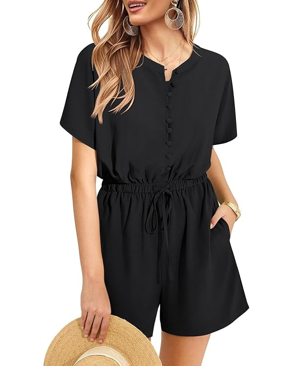 MIHOLL Rompers for Women 2024 Casual Summer Short Sleeve Jumpsuits Button Up Vacation Outfits wit... | Amazon (US)