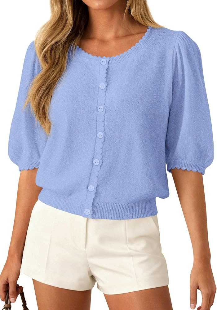 PRETTYGARDEN Puff Short Sleeve Cardigans for Women Lightweight 2026 Summer Shirts Button Up Knit ... | Amazon (US)