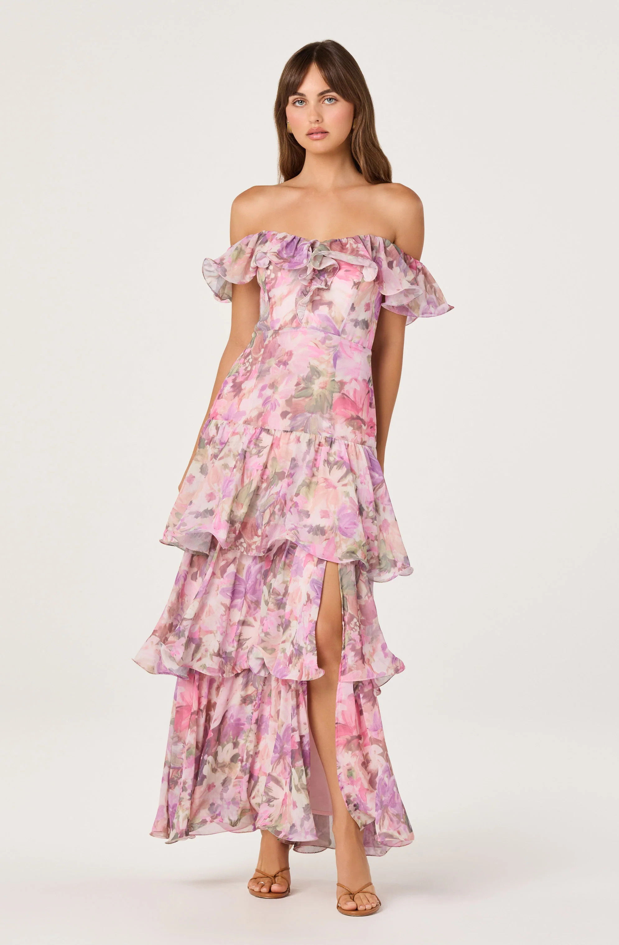 Wilder Off-the-Shoulder Chiffon Maxi Dress - Pink lilac floral / XS | ASTR The Label (US)