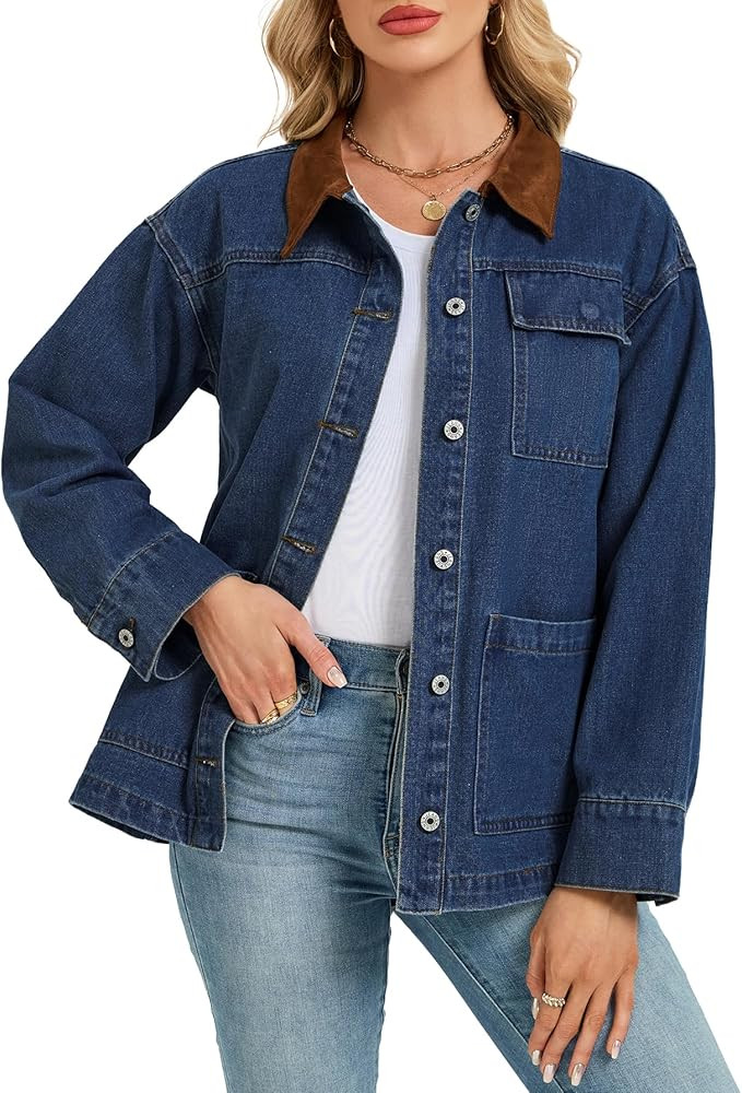 Kedera Womens Oversized Denim Jacket 2025 Trendy Button Up Long Sleeve Jean Jacket with Faux Sued... | Amazon (US)