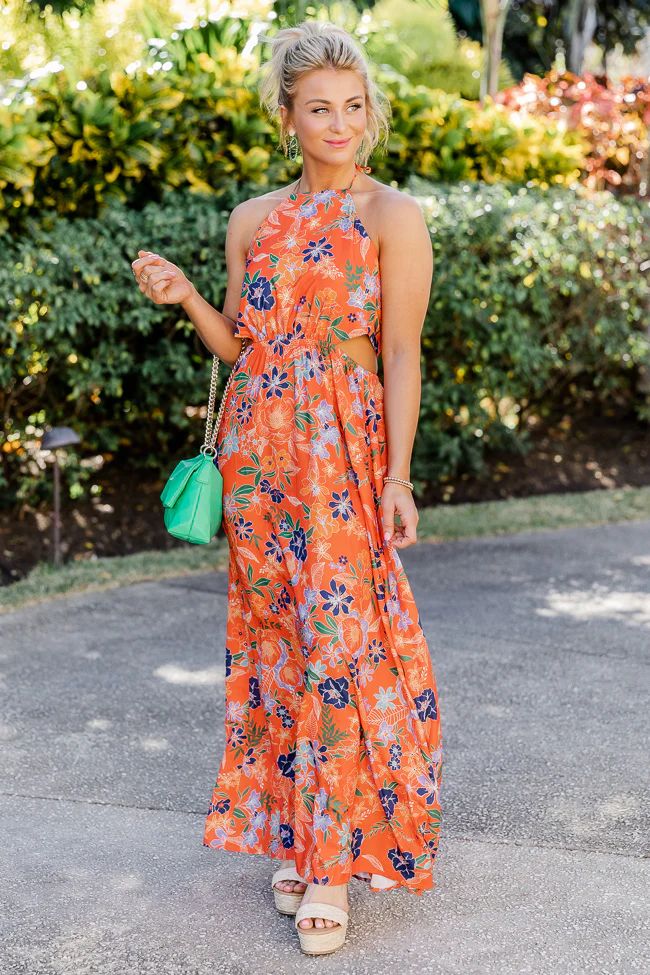 Always On The Sunny Side Orange Floral Halter Maxi Dress | Pink Lily