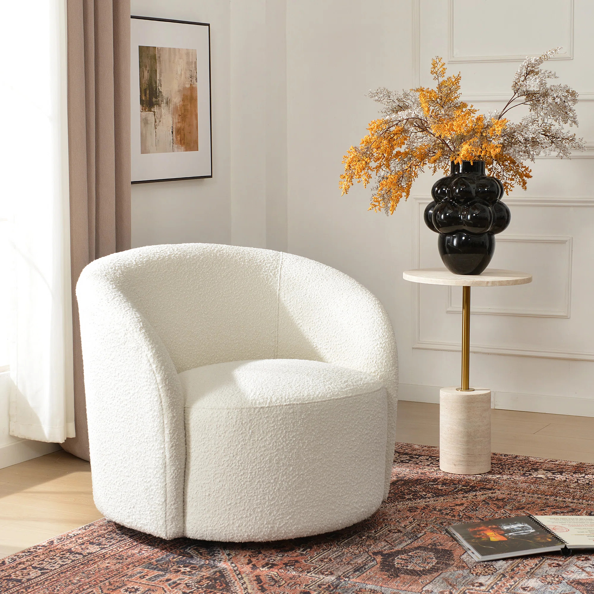 Cleaven 34" W Boucle Upholstered Swivel Barrel Chair | Wayfair North America