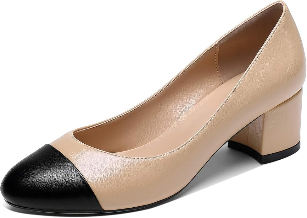 YODEKS Women Low Block Heels Slip On Cap Toe Pumps Women Low Chunky Heels Round Toe Pumps Shoes f... | Amazon (US)