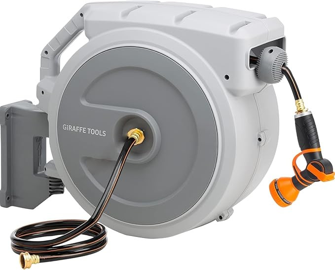 Giraffe Tools 5/8'' Retractable Garden Hose Reel 90FT Wall Mounted, Heavy Duty, Auto Rewind Syste... | Amazon (US)