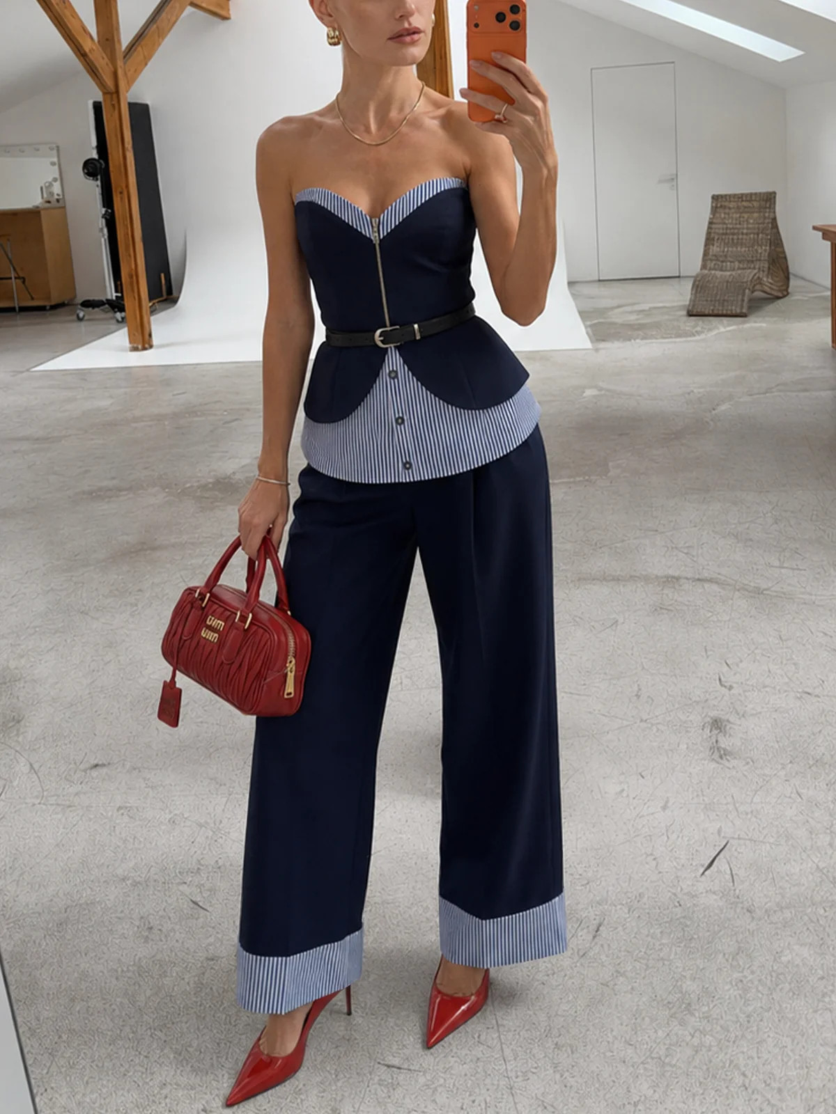 Striped Patchwork Strapless Belted Top & Pants Set | Commense