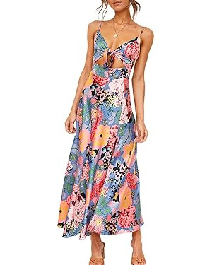 Fashionme Women Spaghetti Strap Midi Satin Dresses Tie Front Backless Split Hollow Dress | Amazon (US)