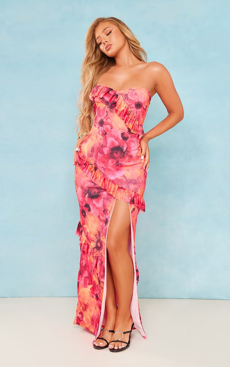 Hot Pink Floral Bandeau Frill Detail Split Maxi Dress | PrettyLittleThing US