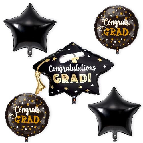 5Pcs Graduation Foil Balloons Class of 2026 Congrats Grad Balloons Decorations Set with Black Diploma Bachelor Cap Star Aluminum Helium Balloon for College Congratulations Graduate Party Decor | Amazon (US)