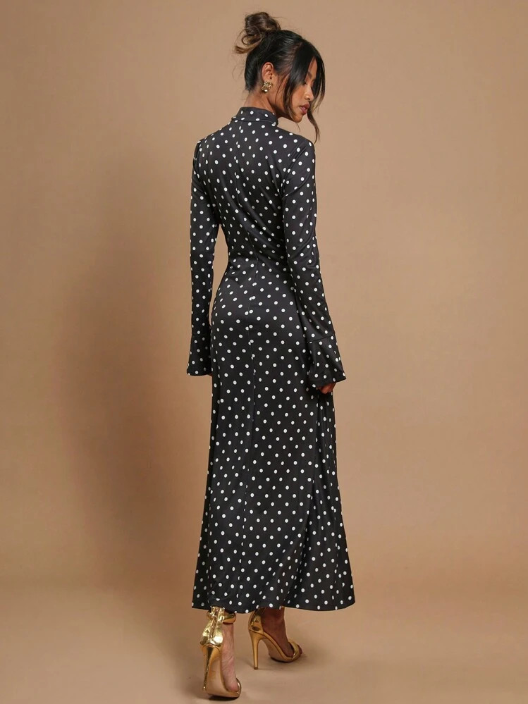 COSMINA Women's Elegant Commuter Polka Dot Flare Sleeve Midi Dress,Polka Dot Dress | SHEIN