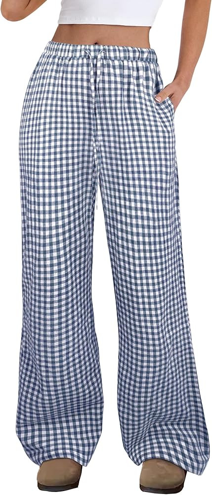 ANRABESS Women's Striped Gingham Pants 2026 Spring Pajama Lounge Boxer Pants Casual Wide Leg Draw... | Amazon (US)