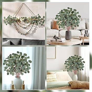 6 Pcs Eucalyptus Leaf Stems, 35.43" Artificial Eucalyptus Branches, Green Silk Plants Silver Leaf... | Amazon (US)