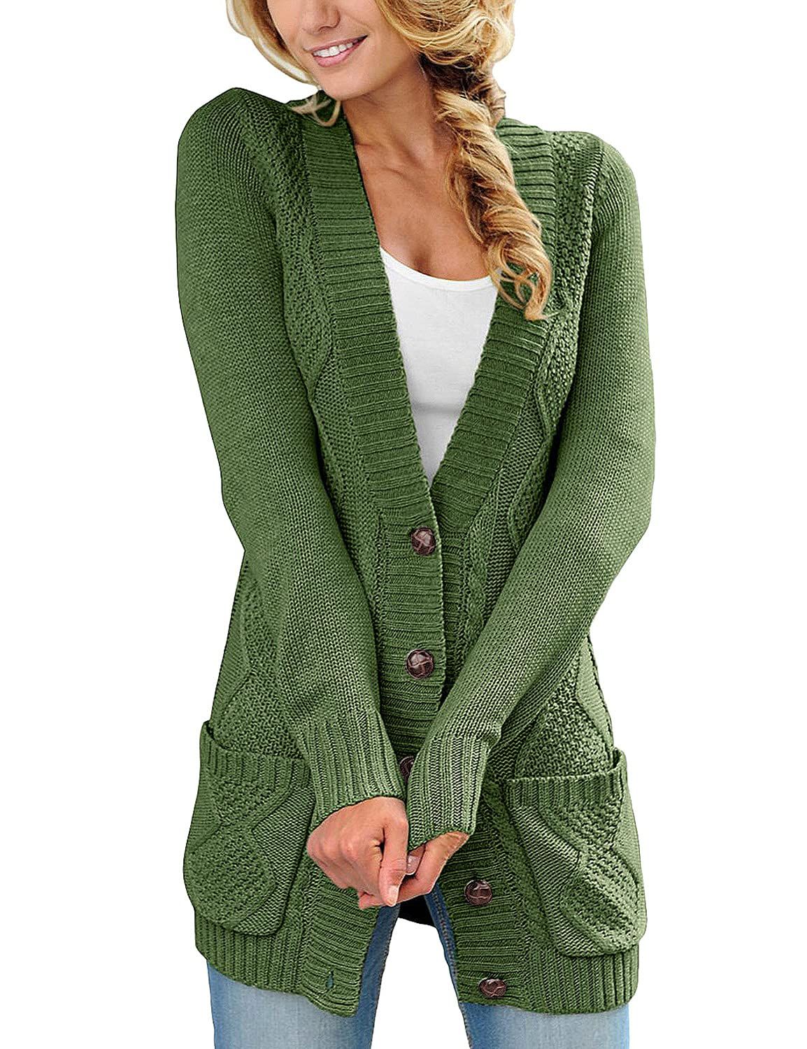 luvamia Womens Long Sleeve Open Front Buttons Cable Knit Pockets Sweater Cardigan | Amazon (US)