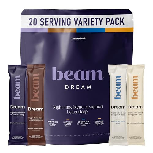 Beam Dream Sleep Powder – Sleep Aid for Adults with Melatonin, Magnesium, L-Theanine, Reishi Mushroom & Apigenin Sleep Supplement, Sleepy Cocoa Bedtime Drink Mix, Variety Pack, 20 Servings | Amazon (US)