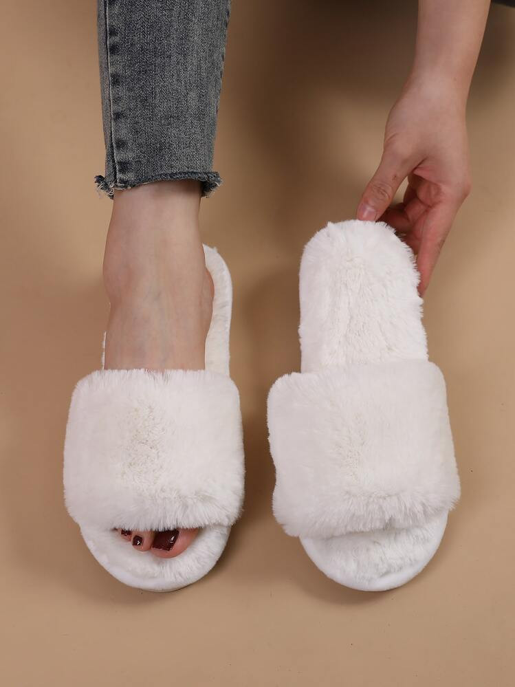 Fall/Winter Women's Fashionable Solid White Bedroom Slippers With Minimalist & Blurry Design,Fluffy Slippers | SHEIN