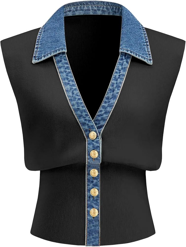 Womens Denim Trim Sweater Vest Sleeveless V Collar Crop Tank Top Knit Loose Pullover Outfit | Amazon (US)