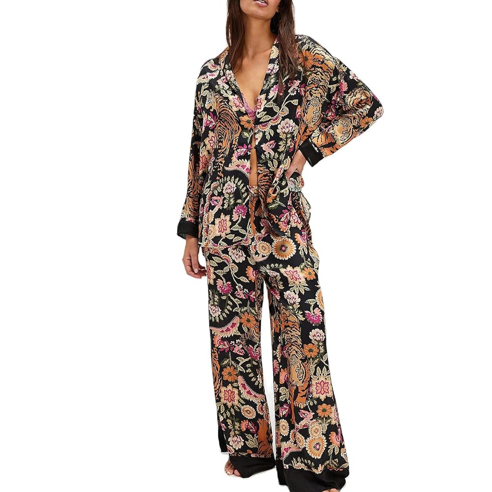 Women Satin Pajama Set Floral Silk Pajamas 2 Piece Lounge Sets Button Down Shirts Wide Leg Pants ... | Amazon (US)