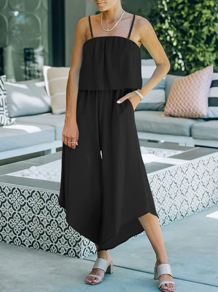 ReoRia Women's Summer Sexy Sleeveless Strapless Flowy Irregular Wide Leg Pants Romper Jumpsuit With  | Amazon (US)