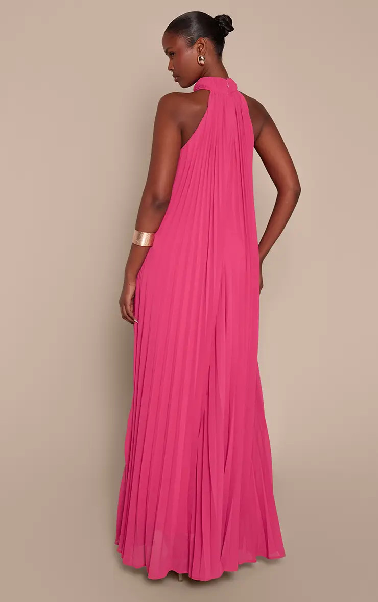 Bright Pink Plisse High Neck Maxi Dress | PrettyLittleThing UK