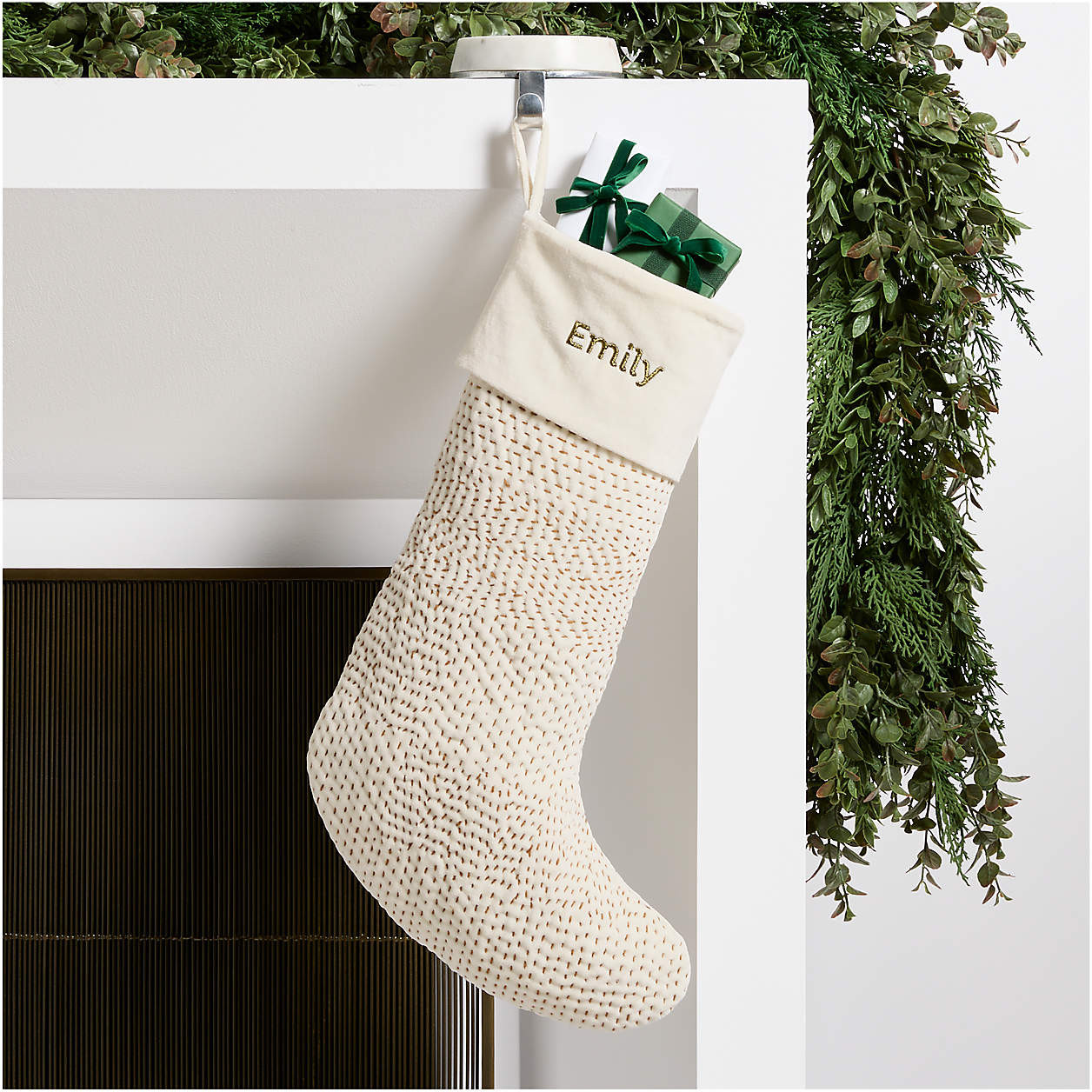 Sashiko Ivory Velvet Christmas Stocking | Crate & Barrel | Crate & Barrel