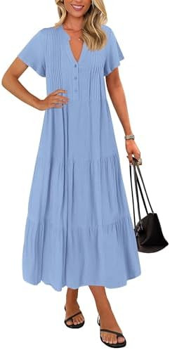 KIRUNDO Summer Maxi Dresses for Women 2026 Spring Fashion Short Sleeve Button V Neck Pleated Loos... | Amazon (US)