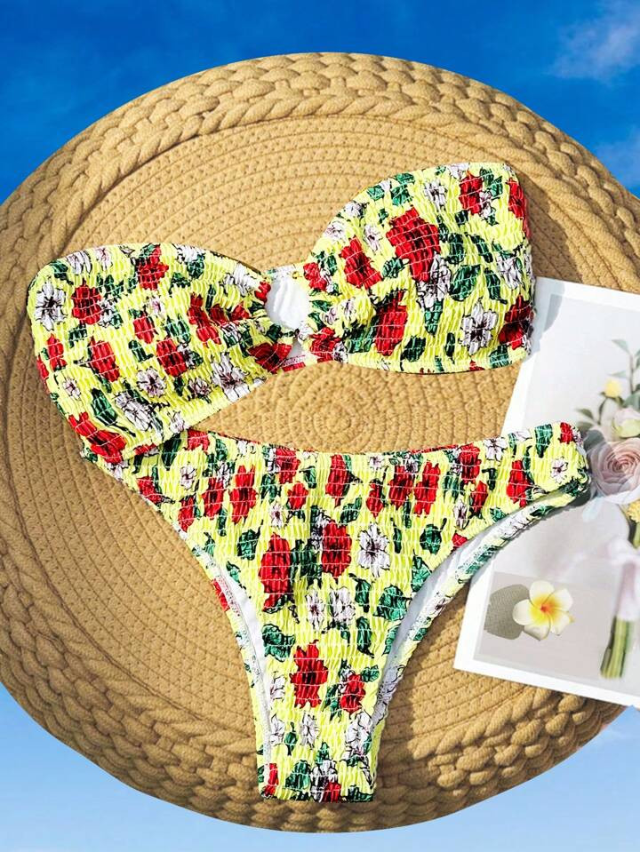 SHEIN Swim Mod Women's Floral Print Bandeau Bikini Set, Detachable Halter Strap, Wire Free, Ideal... | SHEIN