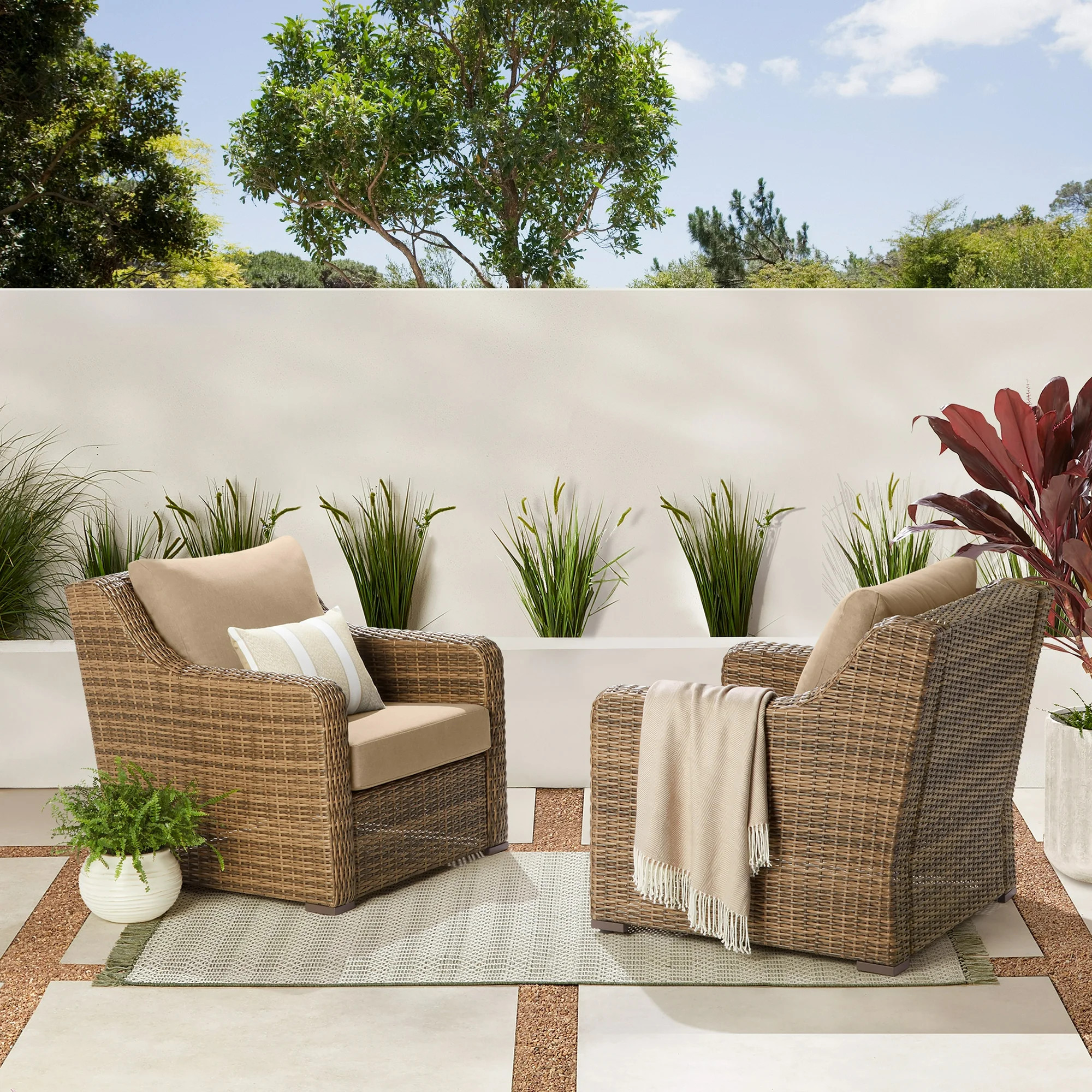 Better Homes & Gardens Hawthorne Park Outdoor Wicker Lounge Chair Set of 2, Beige | Walmart (US)