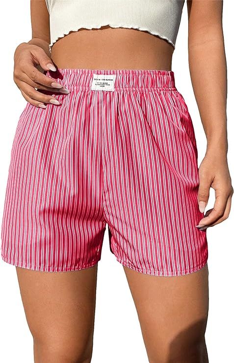 OYOANGLE Women's Summer Casual Striped Print Elastic Waist Mid Rise Straight Leg Shorts | Amazon (US)