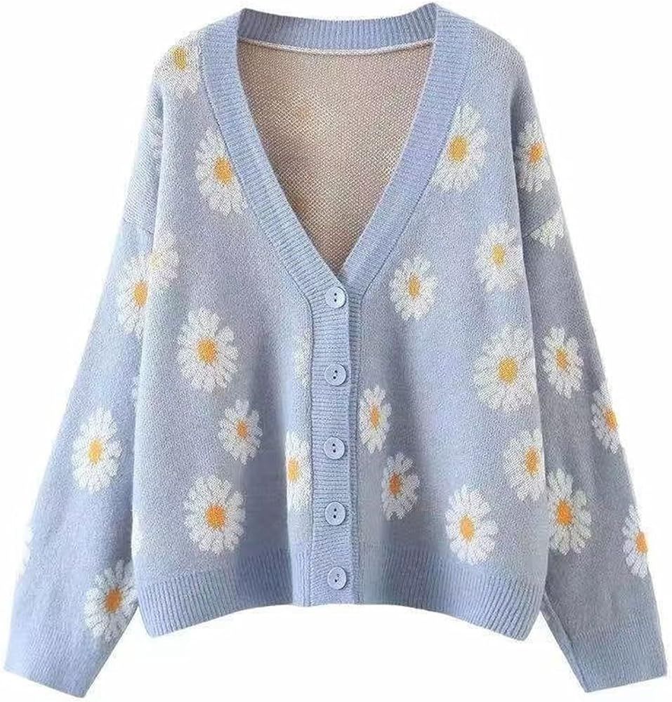 Women's Long Sleeve Cute Cardigan Sweater Y2K Top Cropped Knit Floral Pattern V Neck Button Down ... | Amazon (US)