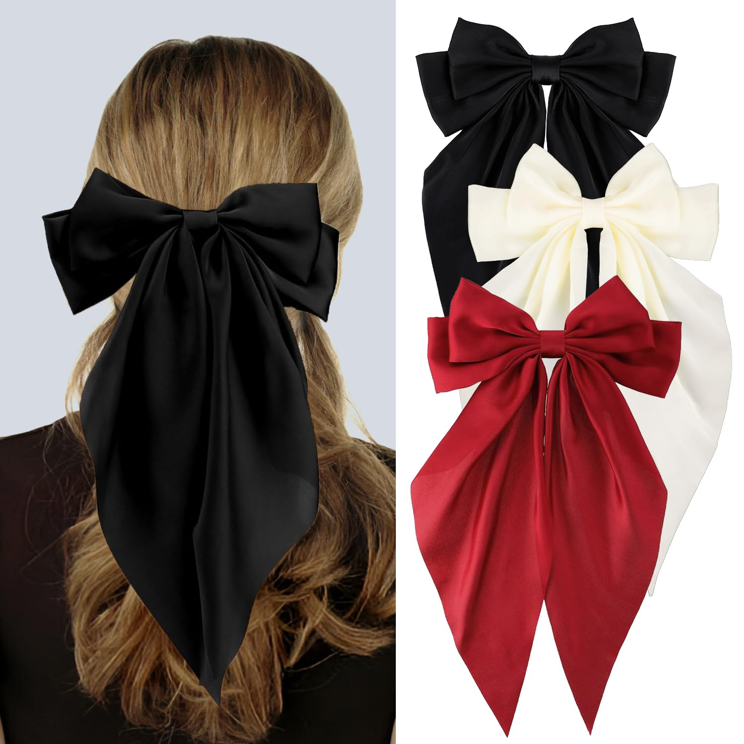 Silky Satin Hair Bows, Oversized Long Tail Bows with Barrette Clips, Coquette Hair Accessories fo... | Amazon (US)