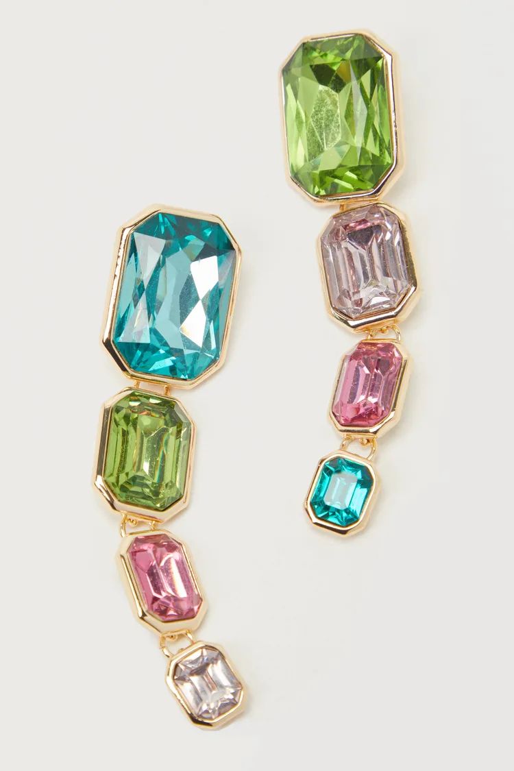 Iconic Glitter Gold Multi Rhinestone Statement Drop Earrings | Lulus