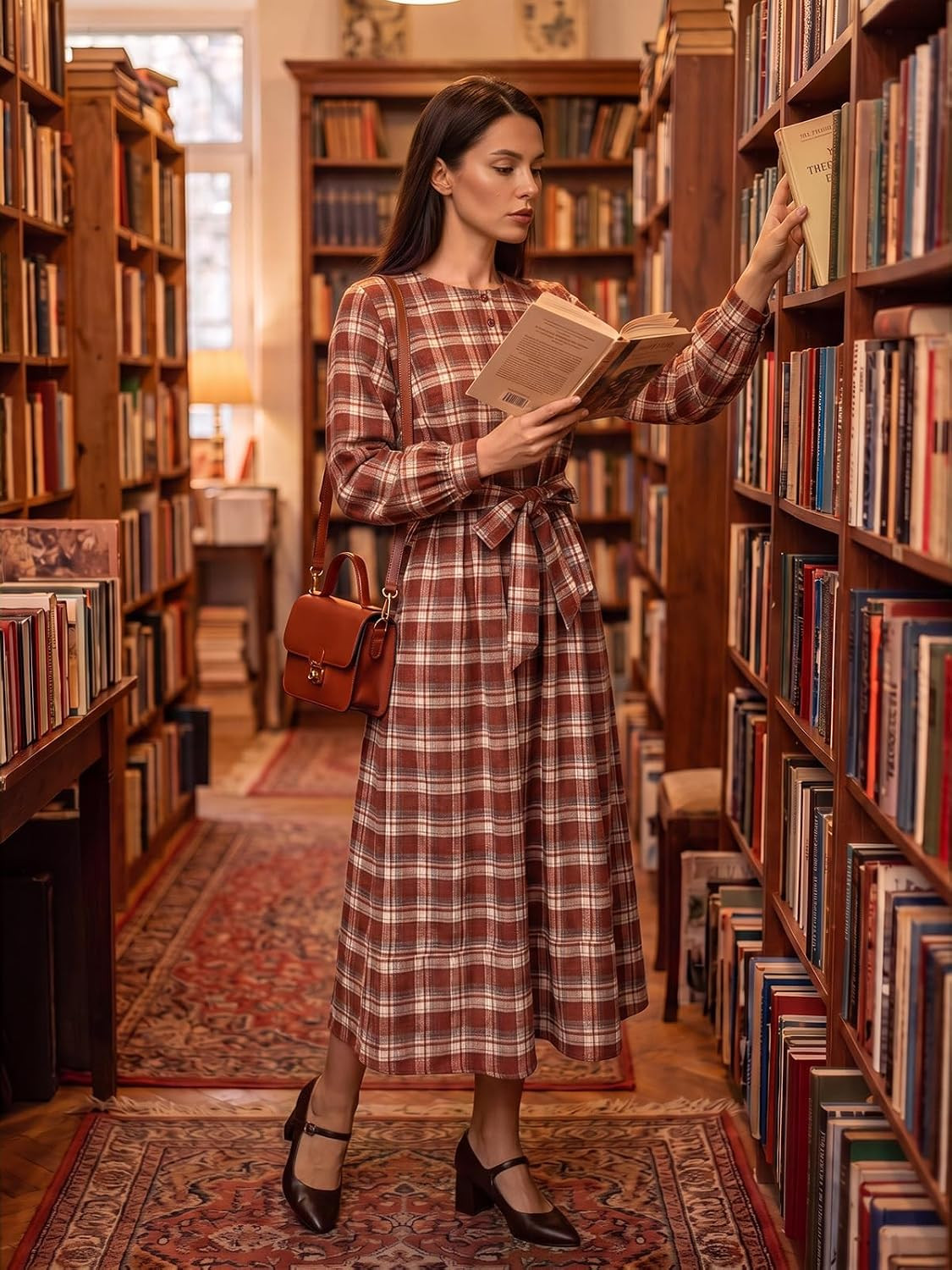 Wenrine Womens Plaid Midi Dress Half Button Tie Waist Dresses with Pockets | Amazon (US)