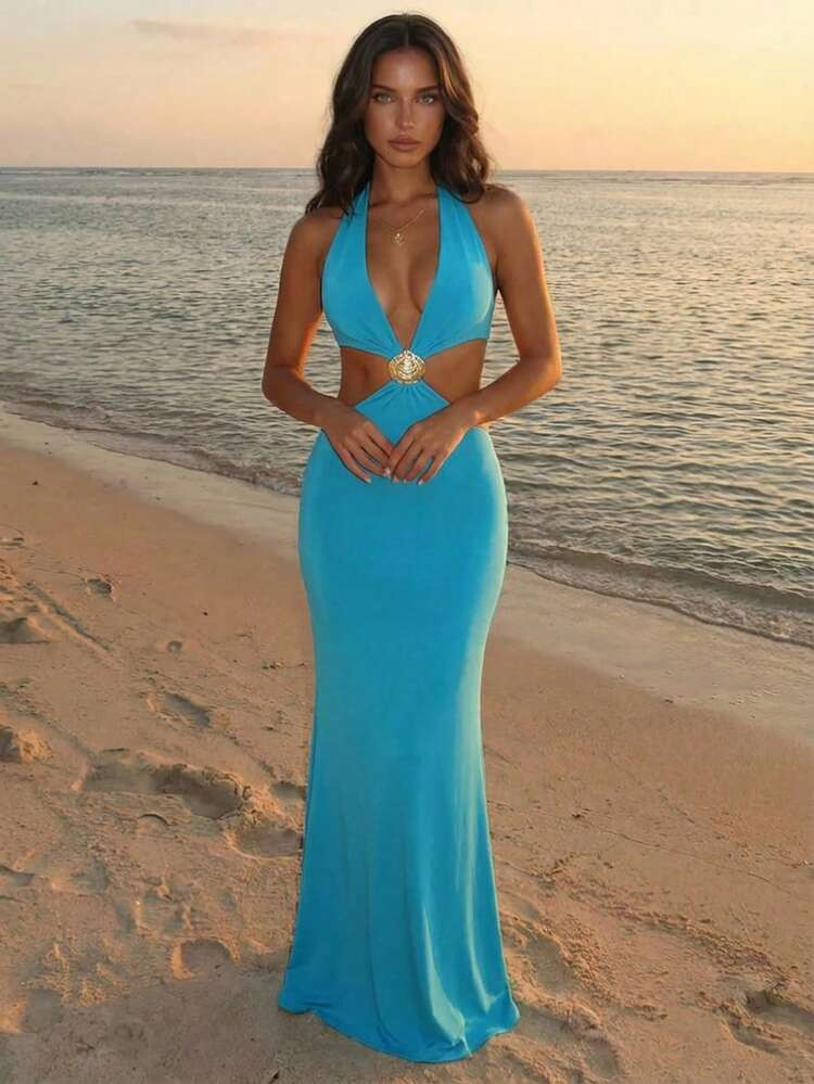 Aloruh Women's Sexy Beach Vacation Deep V Metal Shell Buckle Decor Halter Backless Fitted Long Dress, Blue,Summer Dress,Vacation Dress | SHEIN