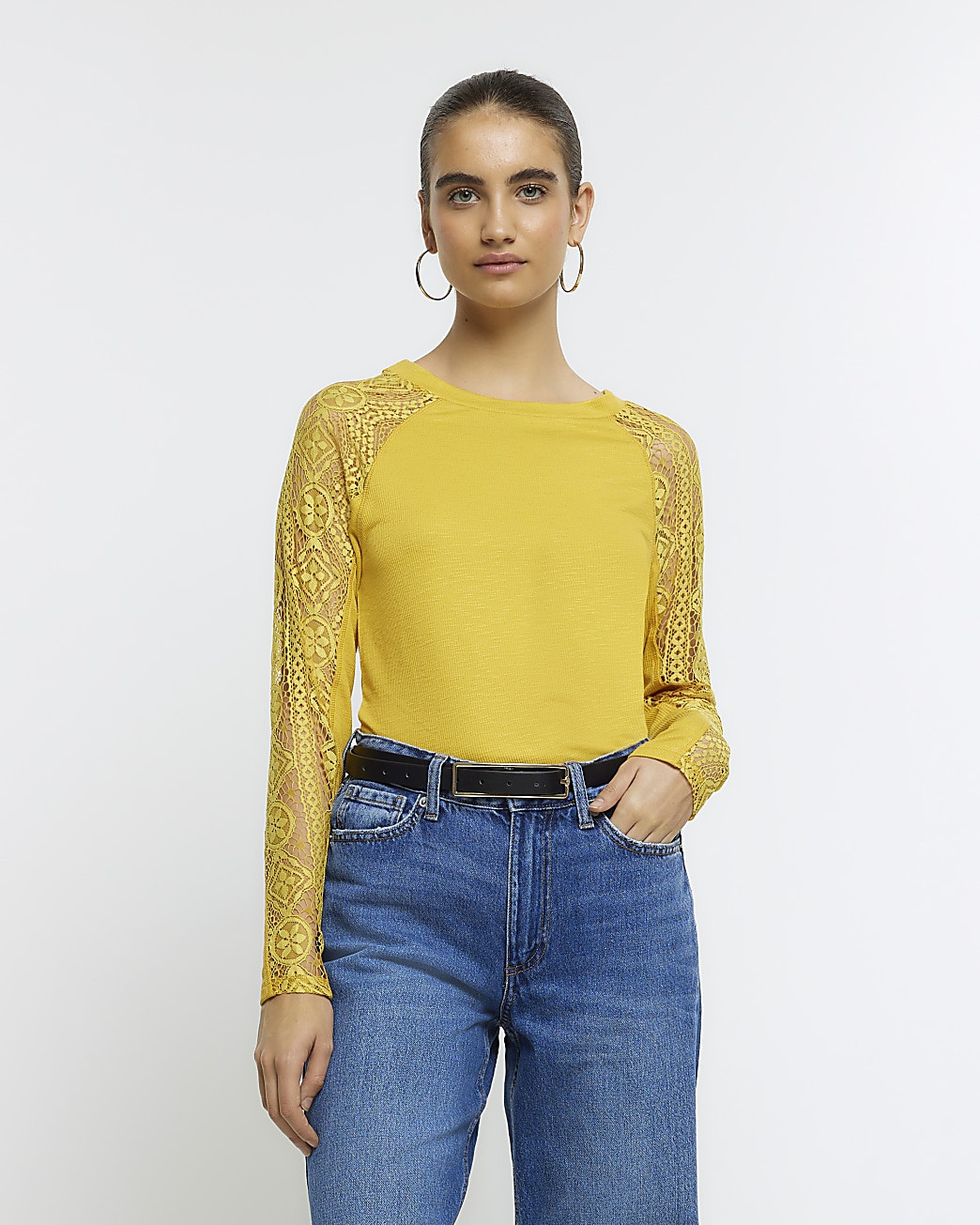Yellow rib lace long sleeve top | River Island (UK & IE)
