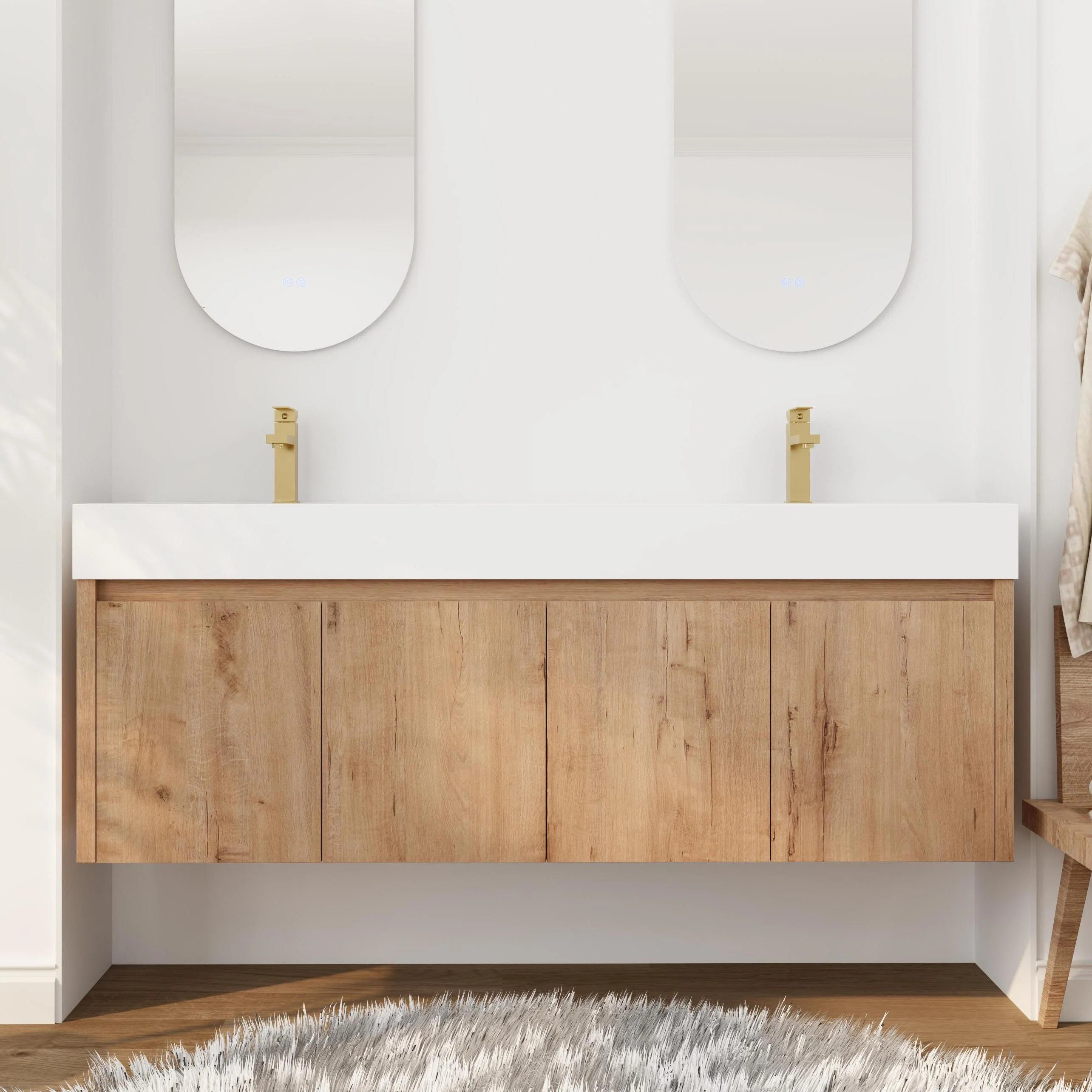 60" Double Bathroom Vanity Set, Wall Mounted Bathroom Vanity with Resin Basin Sink Top, Floating ... | Wayfair North America