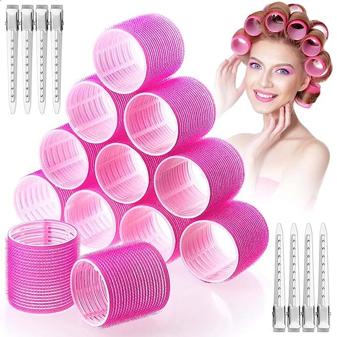 Jumbo Hair Curlers Rollers,24Pcs Big Hair Rollers Set with 12 Hair Curlers Self Grip Holding Roll... | Amazon (US)