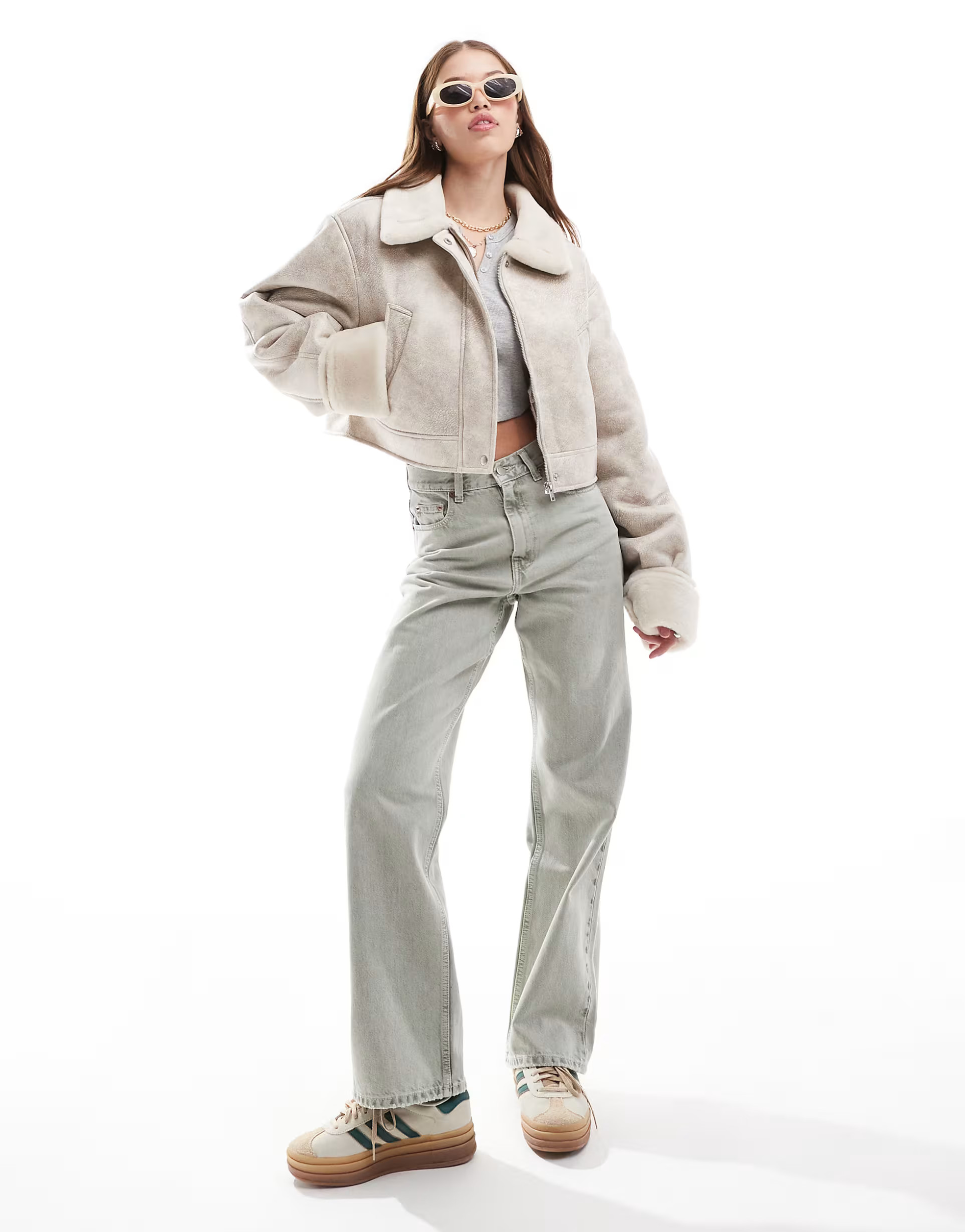 ASOS DESIGN top collar shearling jacket in stone | ASOS (Global)