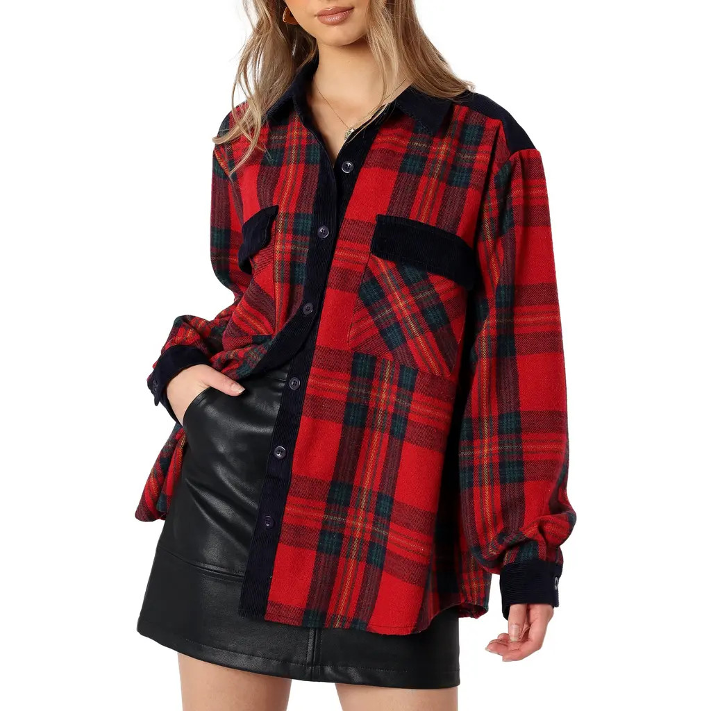 Petal & Pup Lucille Corduroy Trim Plaid Shacket in Red/Navy at Nordstrom, Size X-Small | Nordstrom