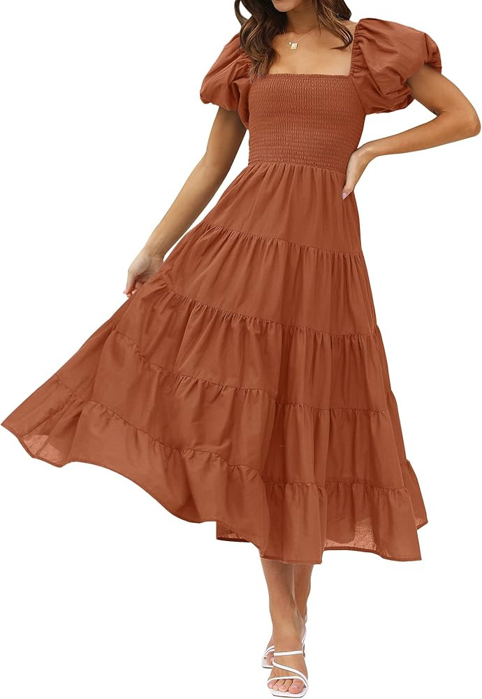 ZESICA Women's 2025 Summer Square Neck Short Puff Sleeve Solid Color High Waist Casual Smocked Fl... | Amazon (US)