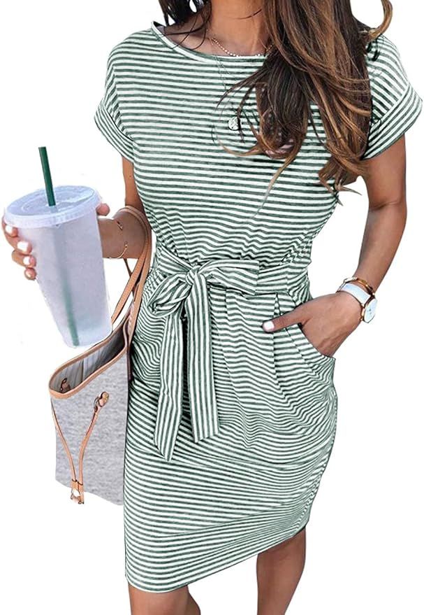 MEROKEETY Women's Summer Striped Short Sleeve T Shirt Dress Casual Tie Waist with Pockets | Amazon (US)