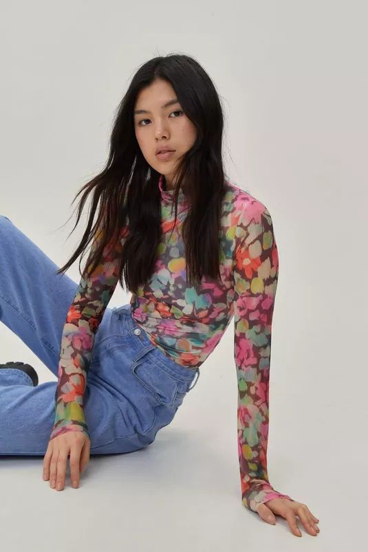 Blurred Floral Recycled Mesh Funnel Neck Top | Nasty Gal (US)