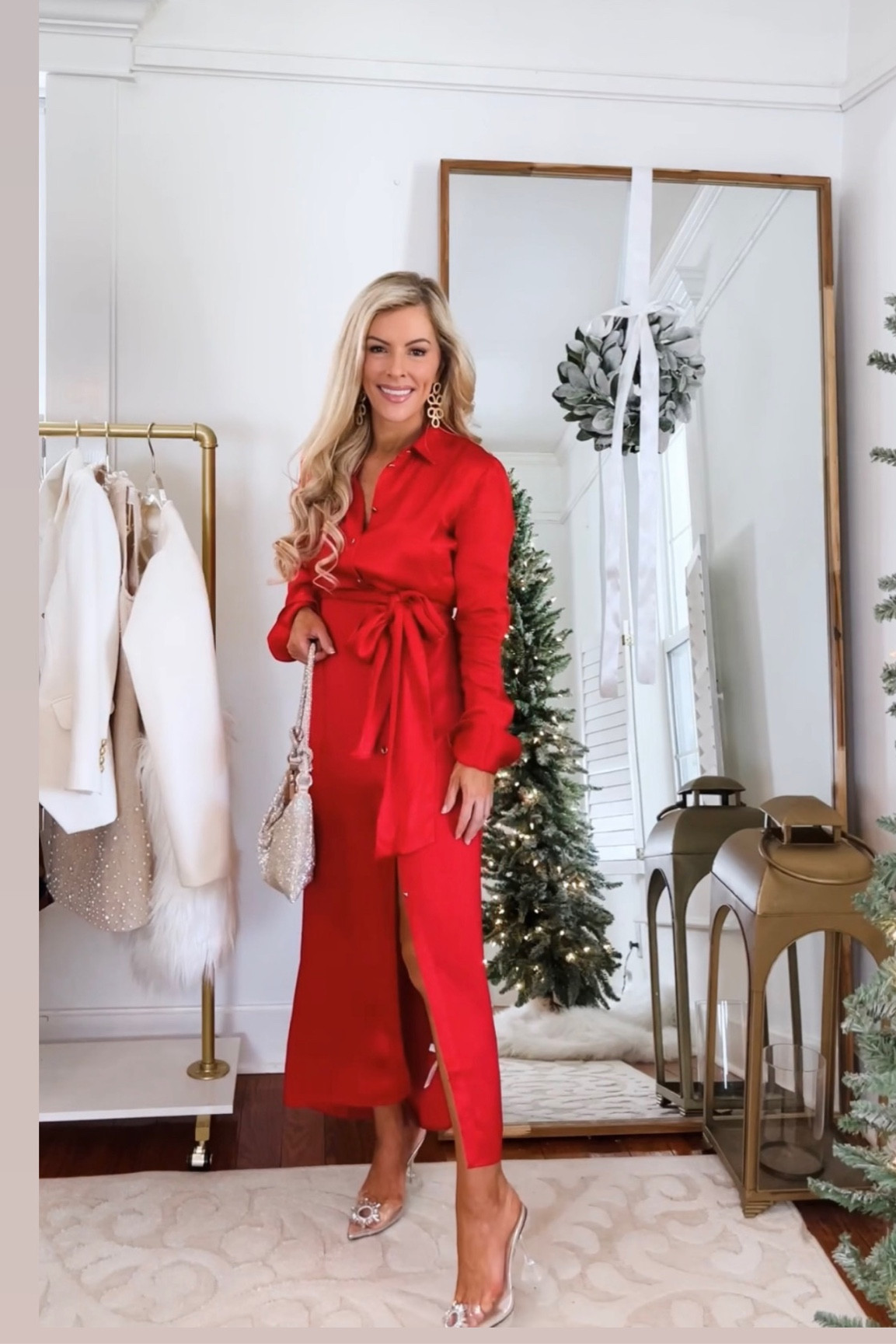 Red tie waist shirt dress : wearing 00
Amazon crystal embellished heels : sized down secondary to back strap running large 

#LTKsalealert #LTKCyberWeek #LTKHoliday