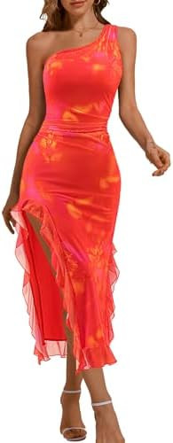 DRESSTELLS Women Formal Wedding Guest Long Cocktail Party One Shoulder Mesh Ruched Bodycon Maxi R... | Amazon (US)