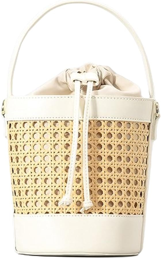 Rattan Bucket Bag for Women Straw Beach Bag Drawstring Crossbody Purse PU Leather Summer Shoulder... | Amazon (US)