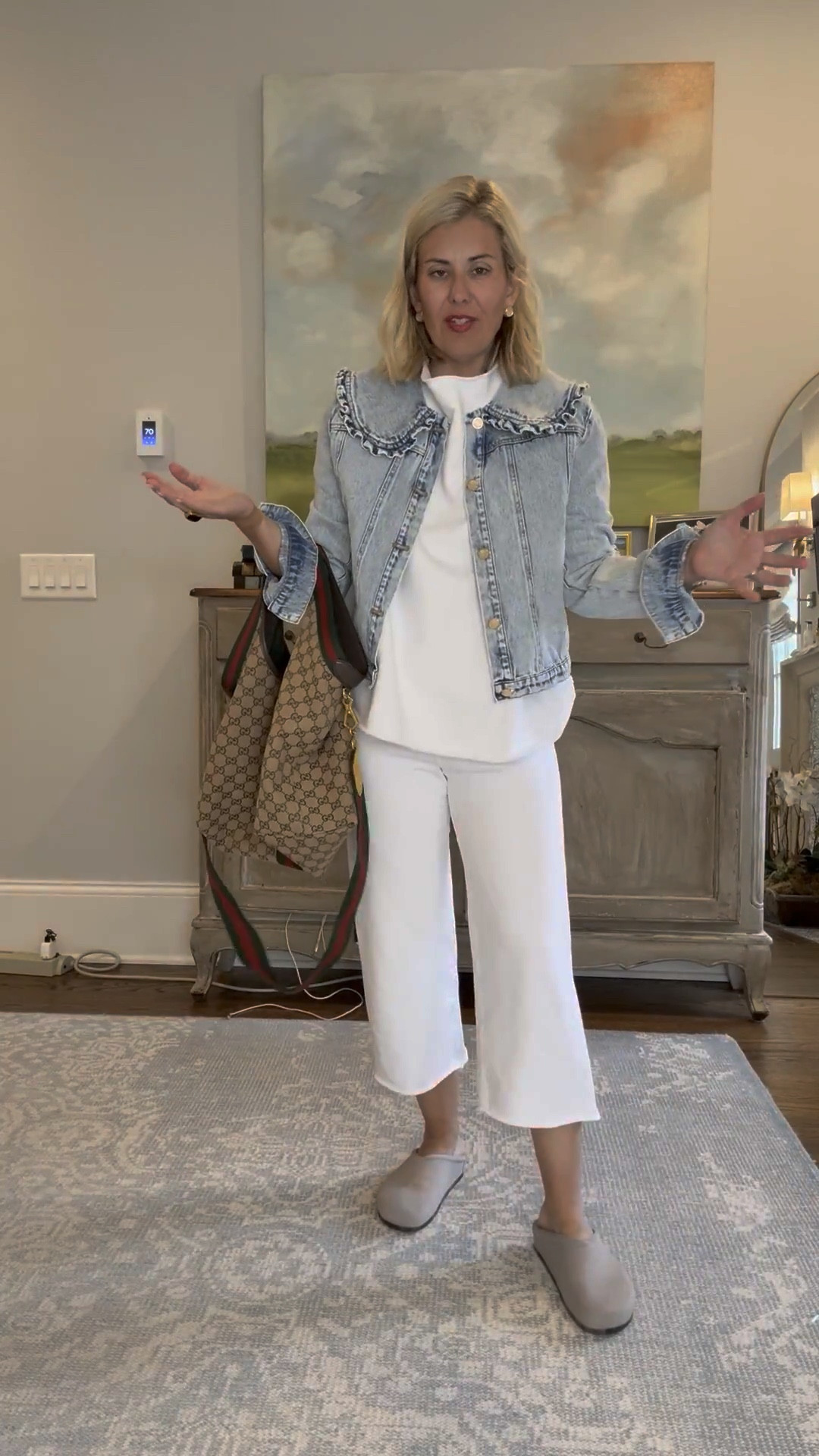 Everyday fit with style plus comfort. 

Denim Jacket size small
White Set size xs  
Rothy’s clog sized down to a 7

#LTKmomlife #LTKOver40 #LTKmorningroutine
