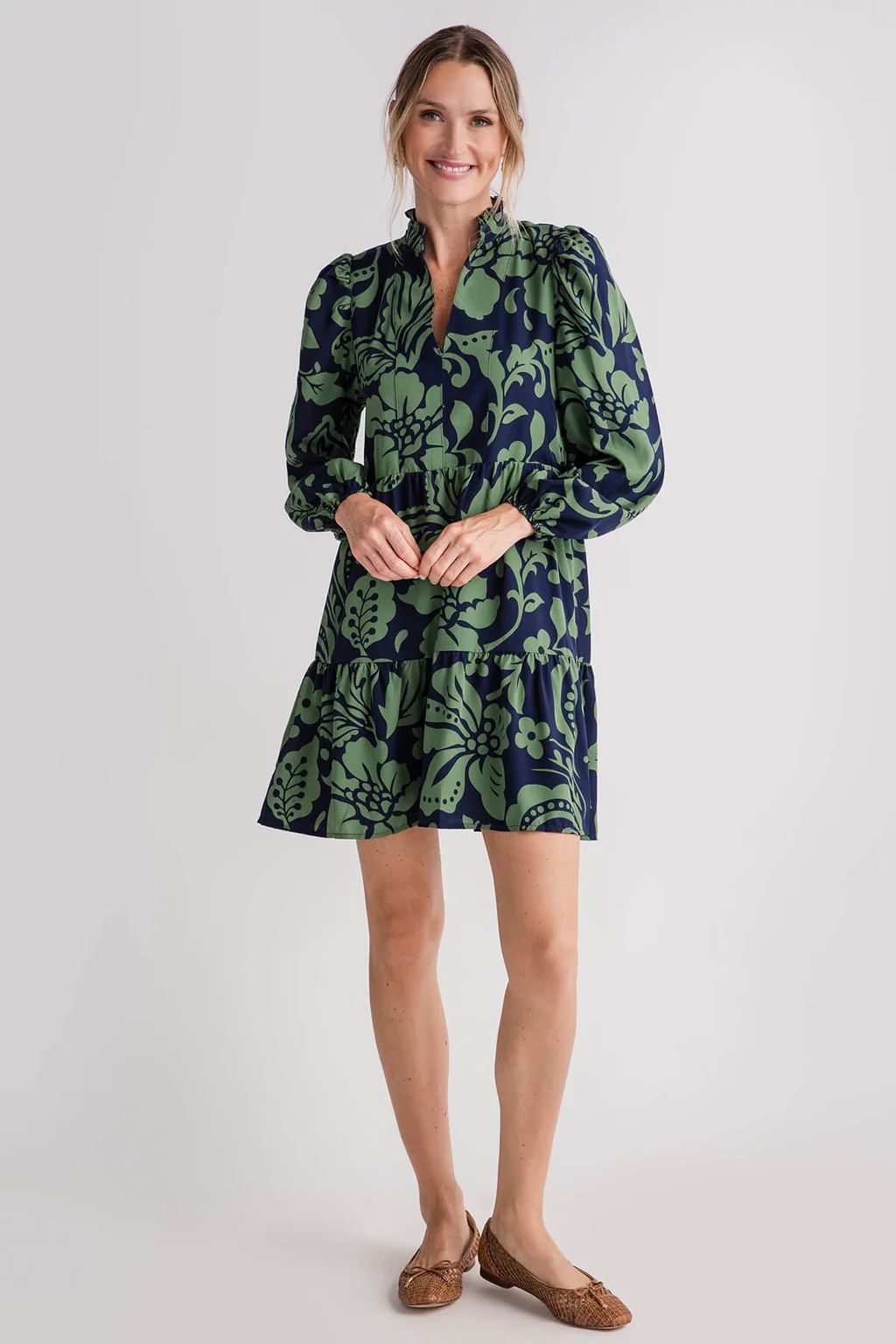 THML Long Sleeve Flower Print Tiered Dress | Social Threads