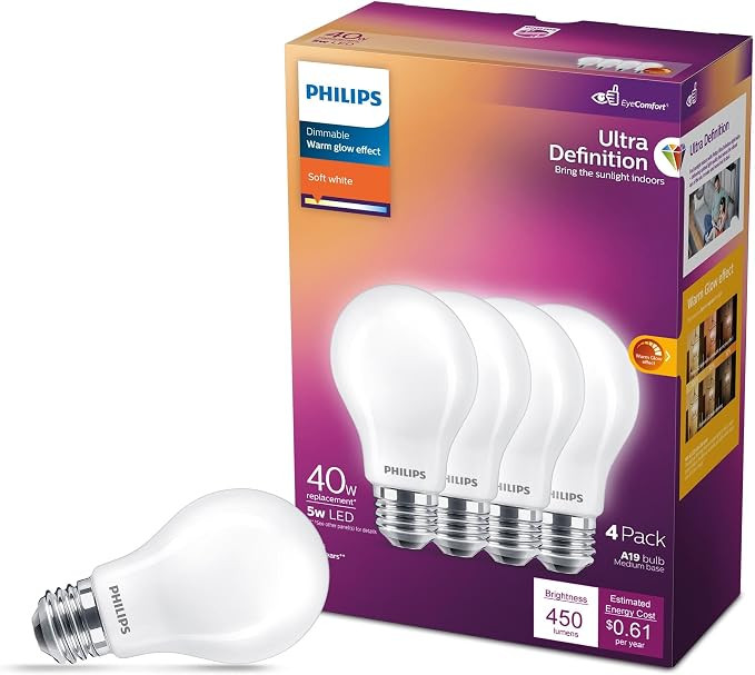PHILIPS LED 40W A19 4-Pack Ultra Definition Soft White (2200K-2700) 450 Lumen (5W = 40W) Dimmable... | Amazon (US)