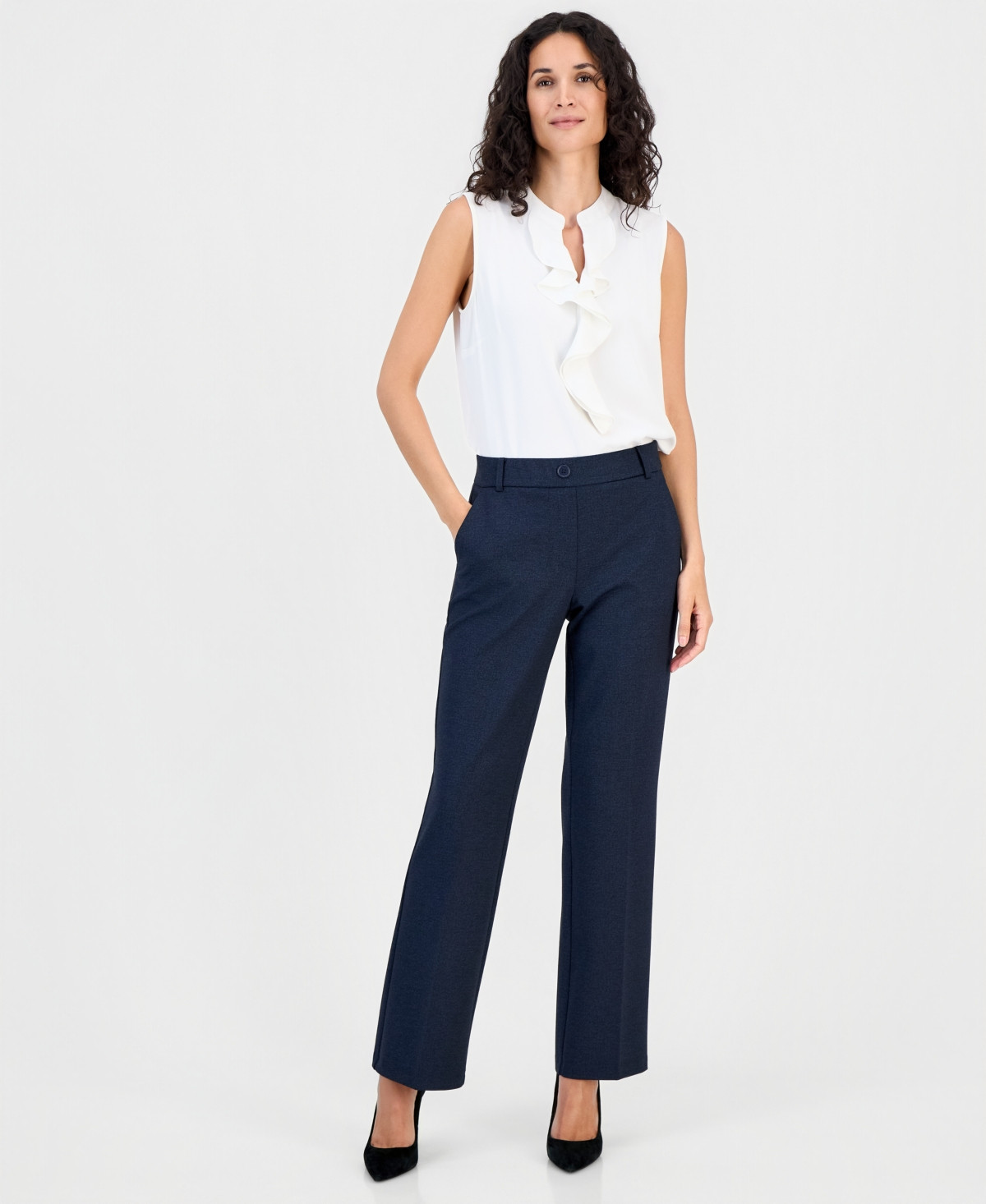 Kasper Women's Faux-Fly Pull-On Straight-Leg Pants - Mid Blue | Macy's