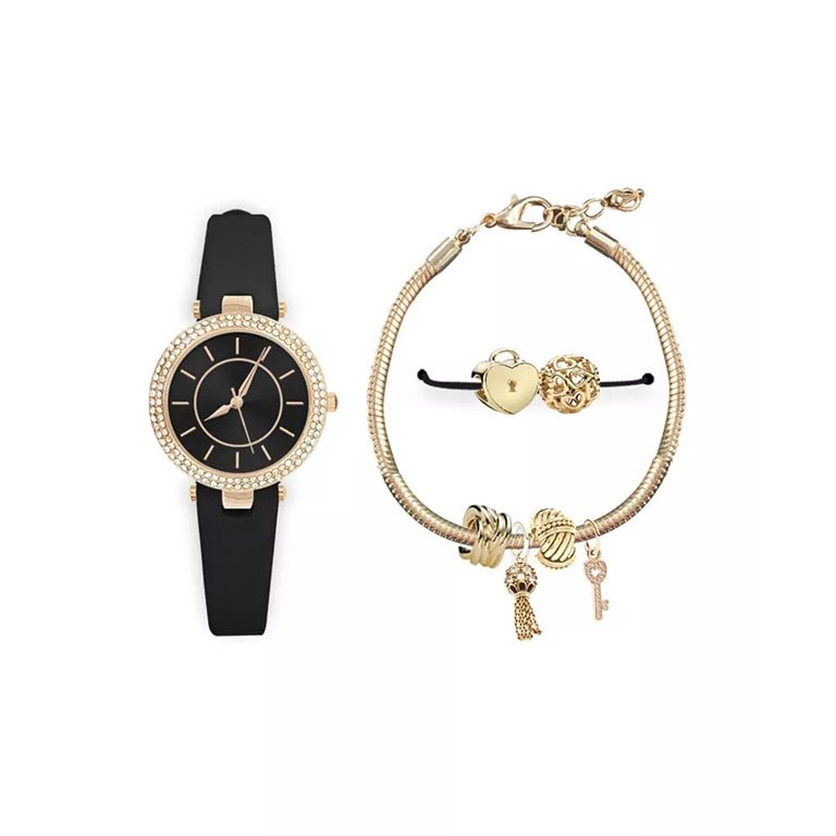 Ladies Watch, Black Analog Glam Gold-Tone Hearts & Keys Bracelet Gift Set - Walmart.com | Walmart (US)